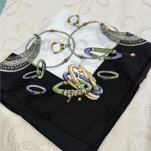 Elegant Black and White Scarf with Gold and Green Accents